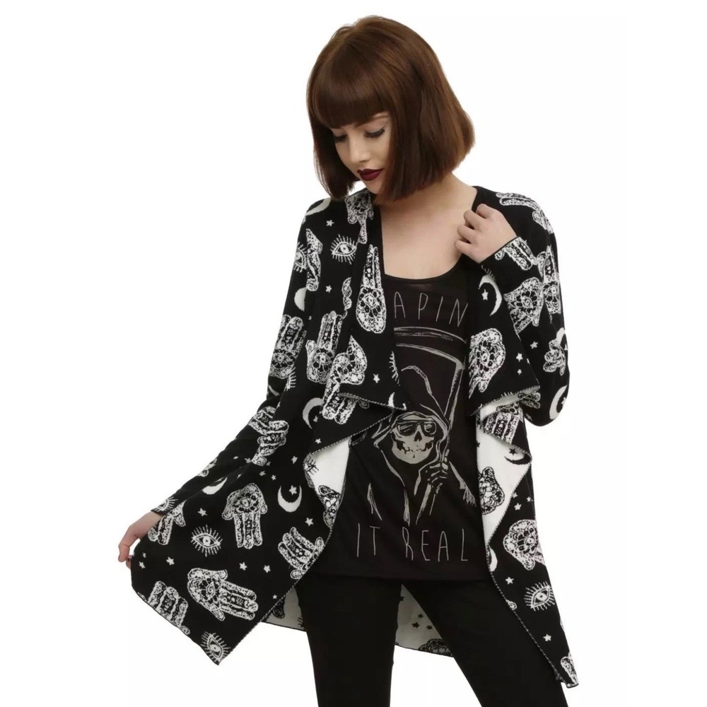 Hot Topic Womens Hamsa Evil Eye Celestial Draped Open Front Cardigan Black White